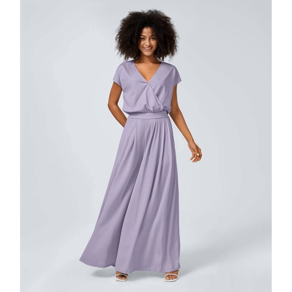 Halara V Neck Lavender Side Pocket Wide Leg Flowy Waffle Casual Jumpsuit Sz XLP